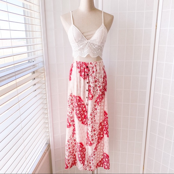 Red Floral Button Front Midi Skirt - Picture 2 of 9